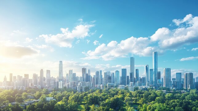 Fototapeta Sunny city skyline, green park, vibrant urban landscape, ideal for travel brochures