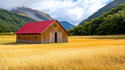 Obraz premium Rustic Barn in Golden Field, Mountain View - Rustic/Vintage