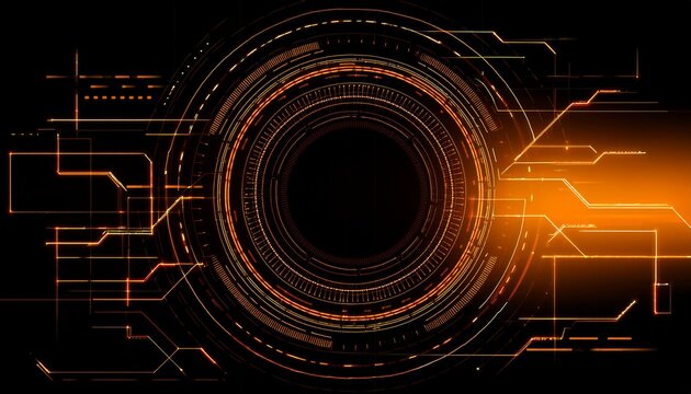 Abstract technological background with glowing orange and black circular design elements. Futuristic and modern digital interface concept.