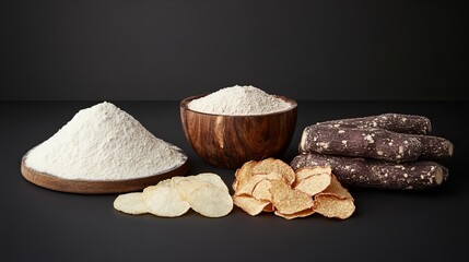 White and dark flour with crispy chips. Healthy ingredients.