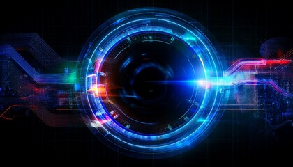 Obraz premium futuristic technology interface with glowing neon circles and circuits. The image evokes a sense of technological advancement and innovation