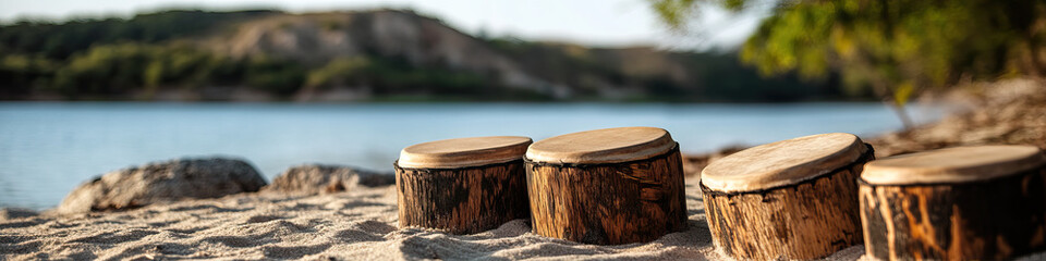 Four Wooden Drums on Sandy Lakeshore