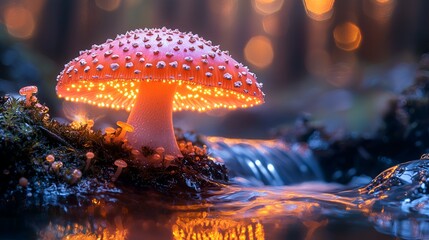 Glowing mushroom by stream, forest bokeh, fantasy nature