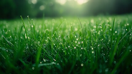 Obraz premium Capturing the tranquility of dewy green grass blades in nature's embrace