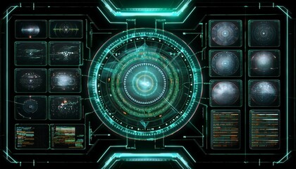 futuristic technology interface with glowing teal elements and multiple screens displaying data.  The central circular display is the focal point.