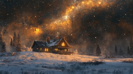 A snow-dusted cabin with golden light spilling from the windows, set beneath a vast and sparkling starry sky