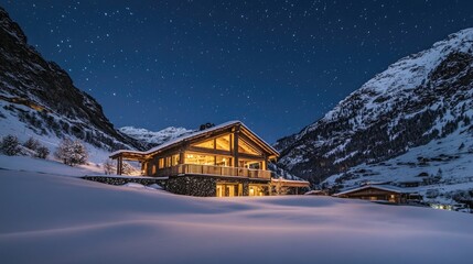 Fototapeta premium A warm and inviting mountain cabin, snow-covered and glowing under the beauty of a clear, star-filled sky