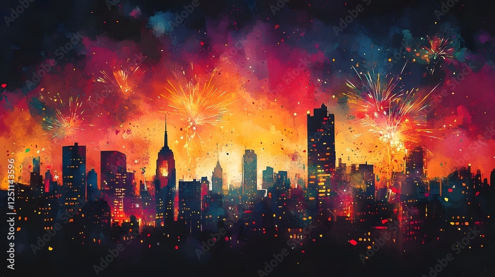 Aufkleber vibrant fireworks display exploding over an illuminated metropolitan cityscape with towering skyscra