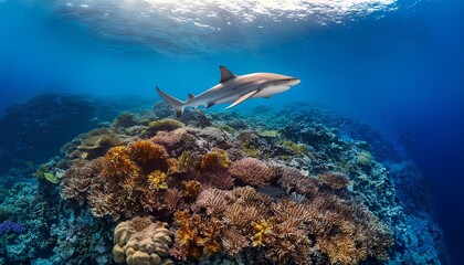  a shark gliding over a vibrant coral reef