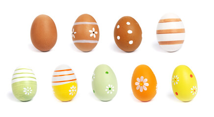 A collection of isolated decorated eggs in brown, white, yellow, and green tones. Each egg features floral or striped patterns, perfect for design projects and creative layouts.