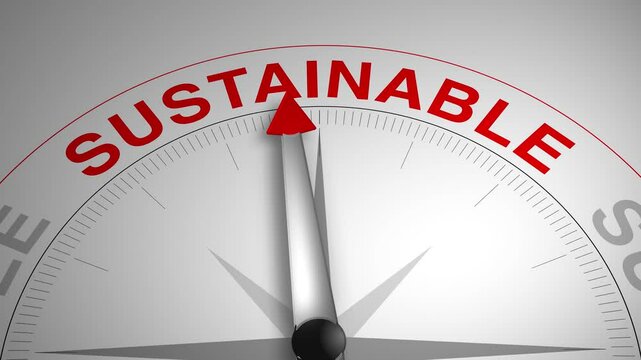 Sustainable text or word with a gauge arrow on a compass, representing guidance and direction on a clean white background. Ideal for business, coaching, consulting, and concept