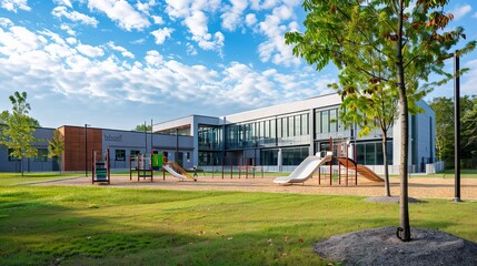 Modern public school exterior with playground and green space on a sunny day