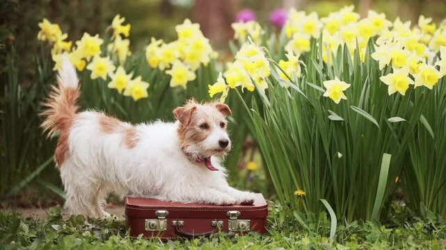 Happy pet dog wags her tail on a suitcase next to daffodil flowers in spring. Springtime, easter background.
