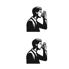 Black and white illustration, A person using an inhaler