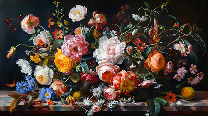 Naklejka premium A detailed oil painting of an overflowing bouquet