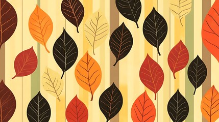 Autumn Leaves Pattern On Striped Background