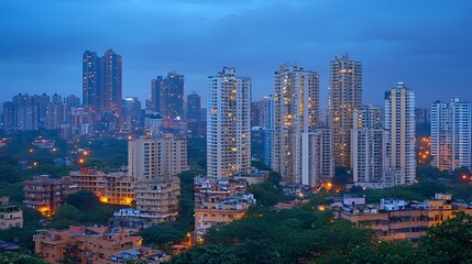 City skyline twilight view, buildings illuminated, cityscape, urban development, night