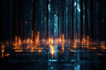 Mysterious glowing lights dance over a dark forest floor at night, creating an enchanting atmosphere