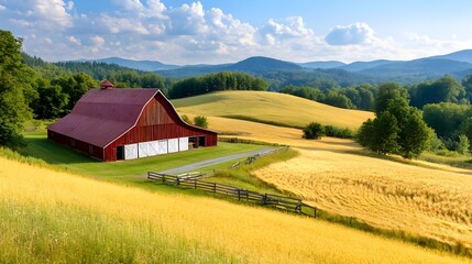 Red Barn Golden Fields Summer Landscape - Golden Hour Photography