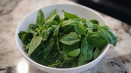 Freshly Harvested Basil Leaves Soaking in a White Bowl on Countertop