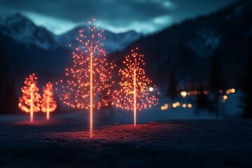 Illuminated trees glow softly in a winter landscape with distant mountains and a dusky sky at twilight