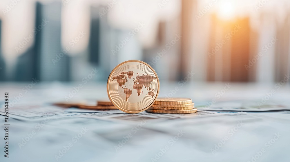 Poster a golden coin with a world map engraved on it, resting on a stack of banknotes from different countr