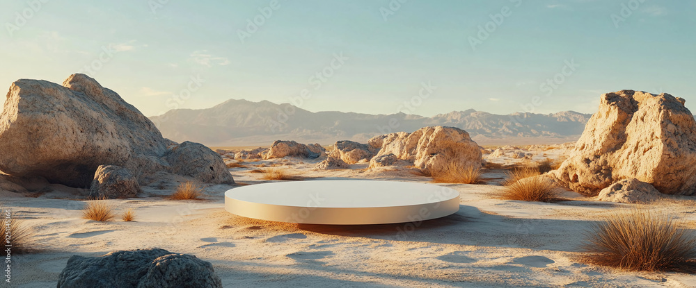 Poster A round platform in the desert landscape surrounded by rocks and natural terrain, with mountains in the background showcasing a vast, empty space in an open, sunlit environment.