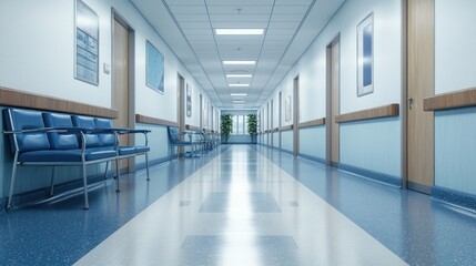Hospital corridor, waiting chairs, calm background, medical facility