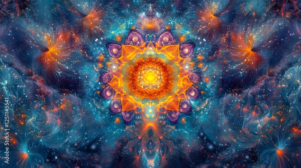 Poster vibrant kaleidoscopic mandala explosion of cosmic energy and light a captivating digital art featuri