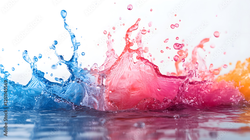 Poster Vibrant Liquid Splash Abstract Art with Colorful Fluid Dynamics  Energetic and Mesmerizing Background with Flowing Mixing and Exploding Watery Paint Effects in Vivid Hues of Red Blue and Orange