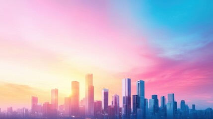 Fototapeta premium A panoramic view of a futuristic cityscape at dusk, with sleek skyscrapers illuminated against a colorful sky, electric vehicles gliding silently on elevated roadways.
