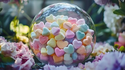 Glass ball packed with pastel marshmallows and heart-shaped candies, surrounded by floral decorations, romantic spring vibes