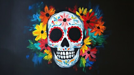 Vibrant Day of the Dead Skull surrounded by Colorful Flowers Painting