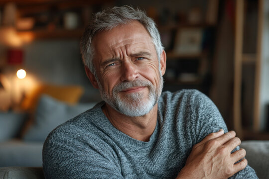 Man with grey hair and beard sitting on a couch, reading a book under a warm, dimly lit lamp. - Powered by Adobe
