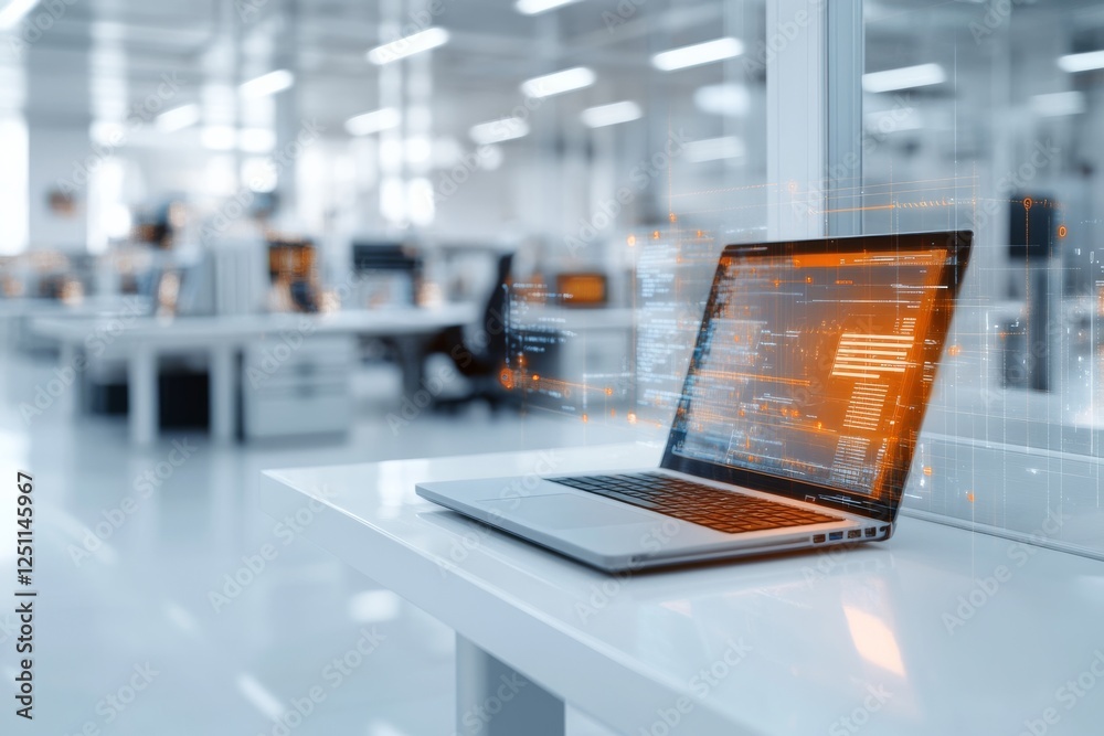 Poster laptop displaying programming code in a modern office environment with bright lighting