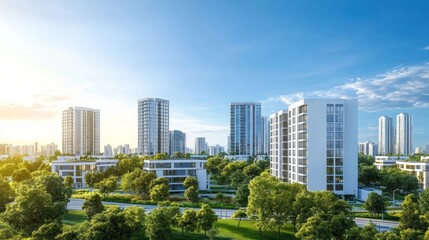 Modern city skyline sunrise, green spaces, sustainable urban design, real estate brochure