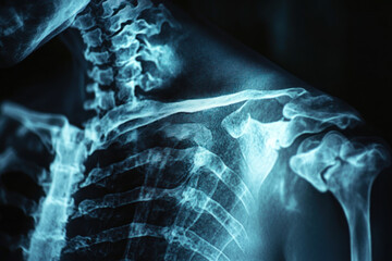 Man's shoulder x-ray: fractured collarbone, highlighted in white, surrounded by bones and tissues. Clear view showing extent of injury.