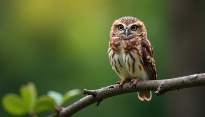 Obraz premium Tiny Eurasian pygmy owl perched on slender branch, sharp gaze , fluffy, branch, bird of prey