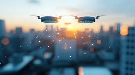 Naklejka premium A futuristic cityscape with AI powered drones flying overhead, monitoring traffic flow and optimizing urban infrastructure for efficiency and safety.