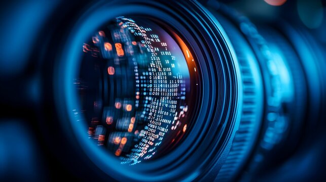 kamera, obiektyw, kod binarny, cyberbezpieczeństwo, makrofotografia, fotografia technologiczna, AI, sztuczna inteligencja, dane cyfrowe, obr&oacute;bka obrazu, optyka, elektronika, high-tech, cybernetyka, no