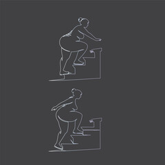 A person struggling climbing stairs, gradient outline graphic, simple shapes, pictogram style, directional symbols, upward movement, physical effort illustration, silhouette obesity