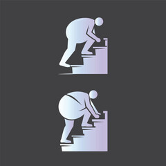 A person struggling climbing stairs, gradient graphic, simple shapes, pictogram style, directional symbols, upward movement, physical effort illustration, silhouette obesity