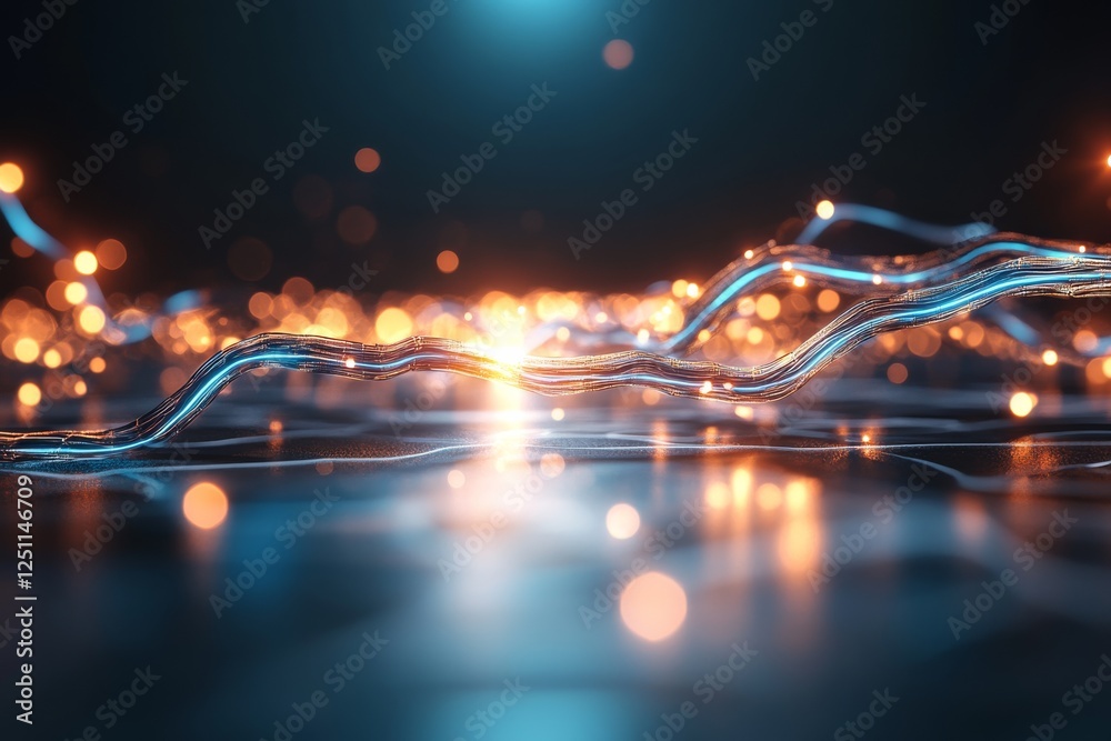 Poster glowing wires create mesmerizing patterns in a dark environment with sparkling lights and smooth sur