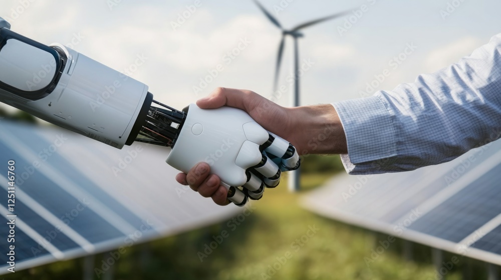 Poster a robotic hand and a human hand shake in a renewable energy setting with solar panels and a wind tur