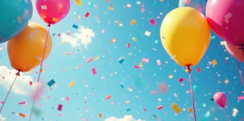 Vibrant confetti rains down on colorful balloons floating in a festive sky , fantastic, joyful, festival
