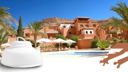 Fototapeta premium A serene resort with a pool, palm trees, and a teapot in the foreground.
