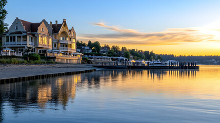 Fototapeta premium Sunset at lakeside resort, Washington. Vacationers docking boats. The calm water reflects colorful sunset. For travel promotion material