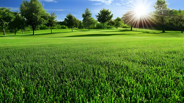 Sunny meadow landscape showing grass, trees, blue sky and the sun, suitable for website backgrounds and nature-themed advertisements