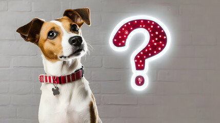 Thoughtful dog sitting near a glowing question mark, isolated on white brick wall. Pet training or vet info for ads, blogs