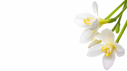 Obraz premium Three white flowers with yellow center, blooming on a white background, for use in spring themes and presentations